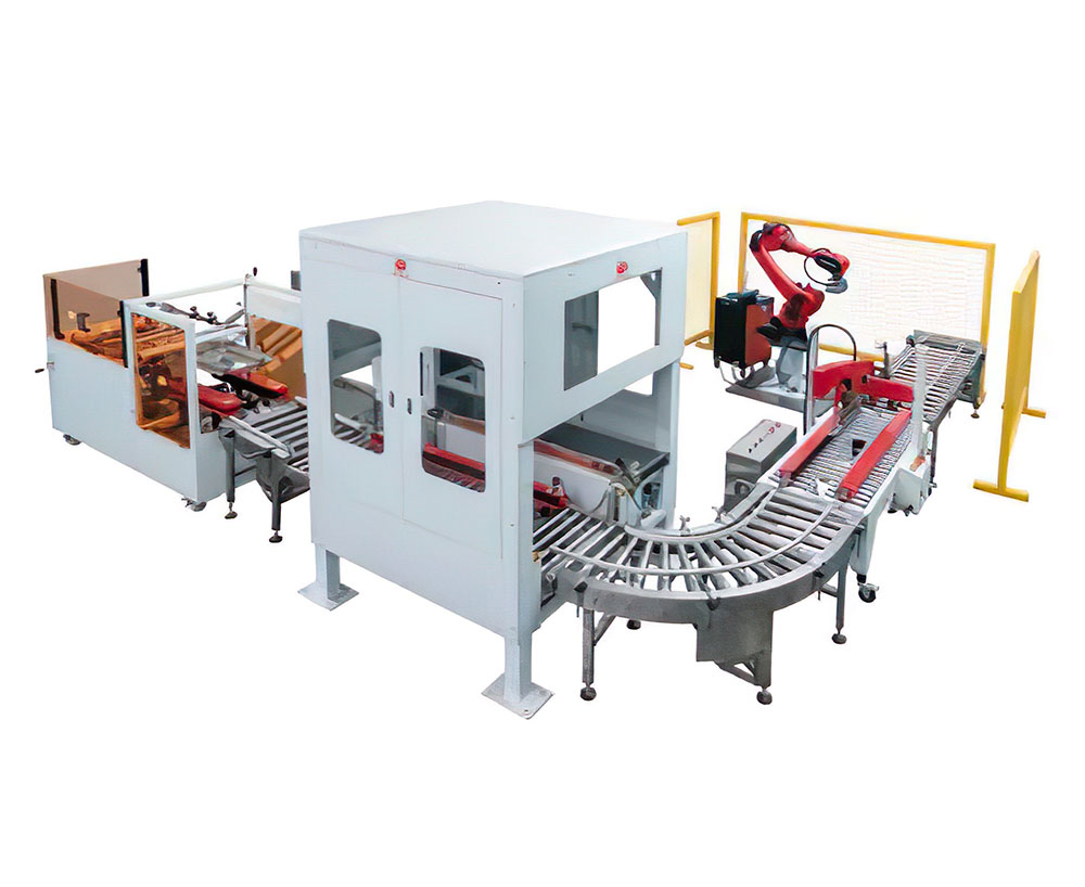 Automatic unboxing, boxing, sealing, and palletizing intelligent production line